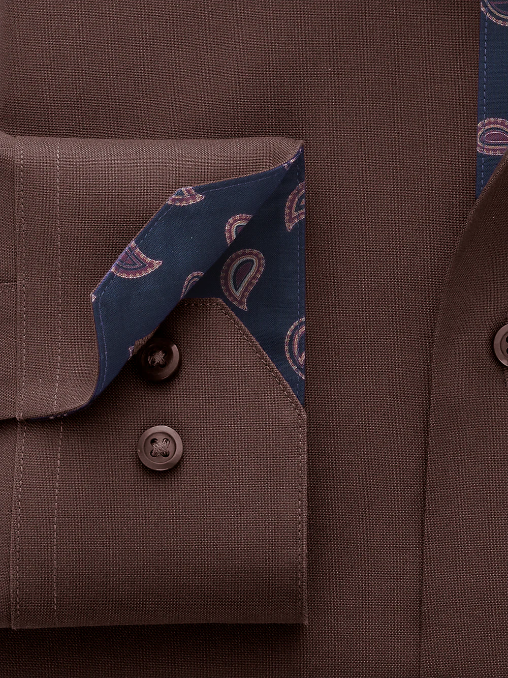 Non-Iron Cotton Solid Dress Shirt With Contrast Trim - Chocolate - Image 3