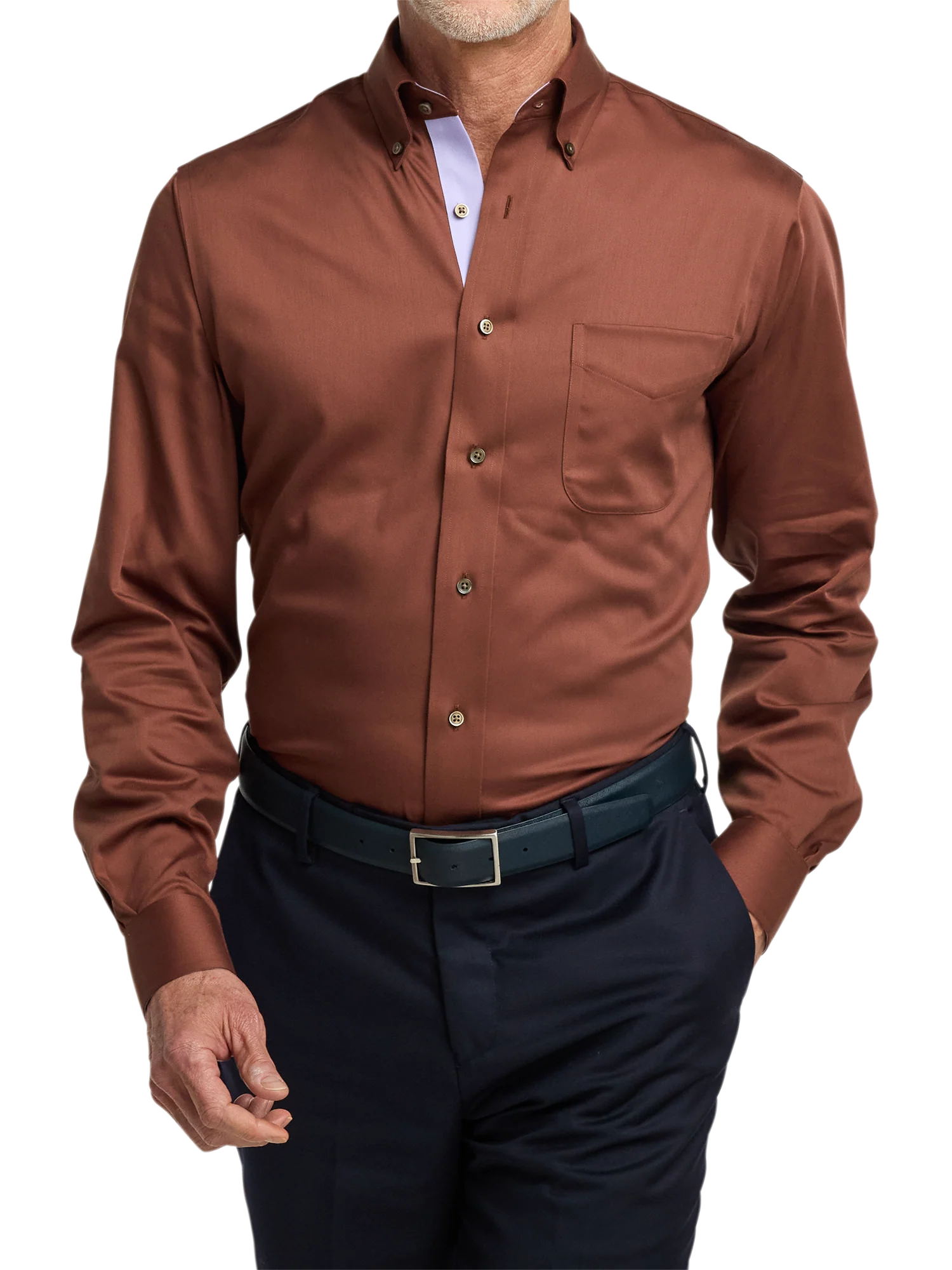 Non-Iron Cotton Solid Dress Shirt With Contrast Trim - Brown - Image 2