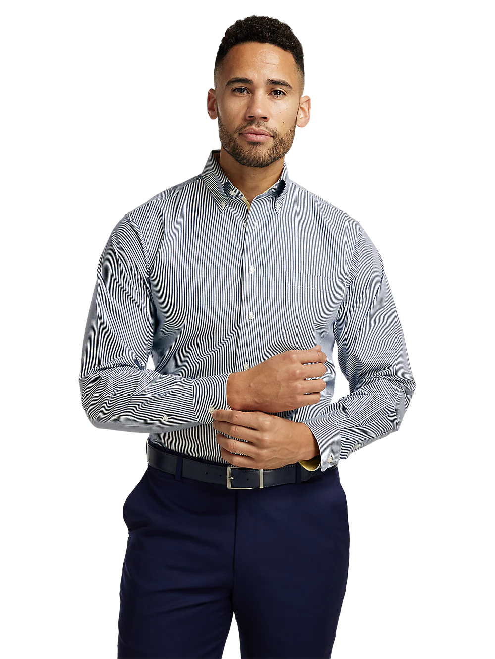 Non-Iron Cotton Stripe Dress Shirt With Contrast Trim - Blue - Image 2