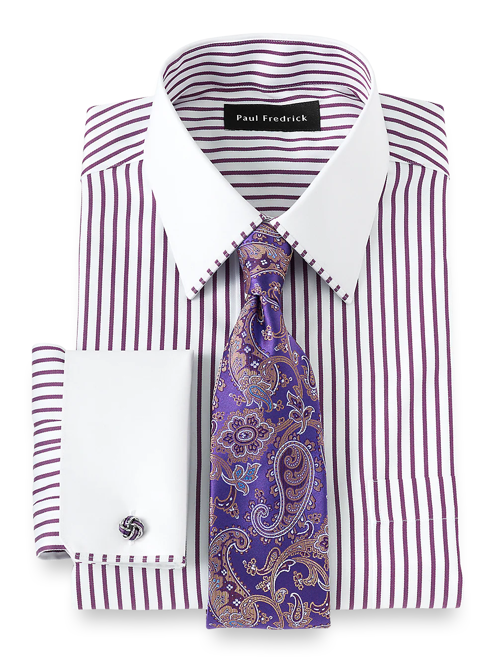 Non-Iron Cotton Stripe Dress Shirt With Contrast Trim - Purple - Image 2