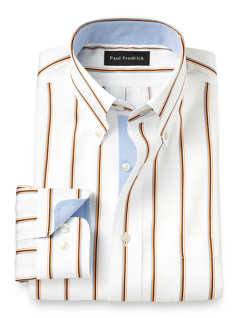 Non-Iron Cotton Stripe Dress Shirt With Contrast Trim - Blue/melon