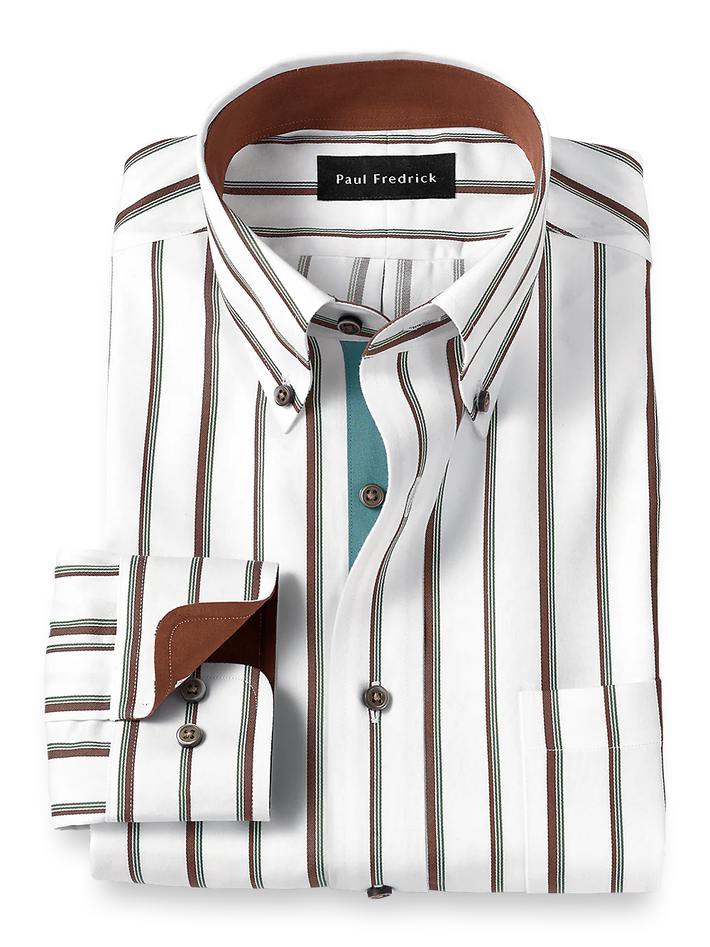 Non-Iron Cotton Stripe Dress Shirt With Contrast Trim - Brown/pine