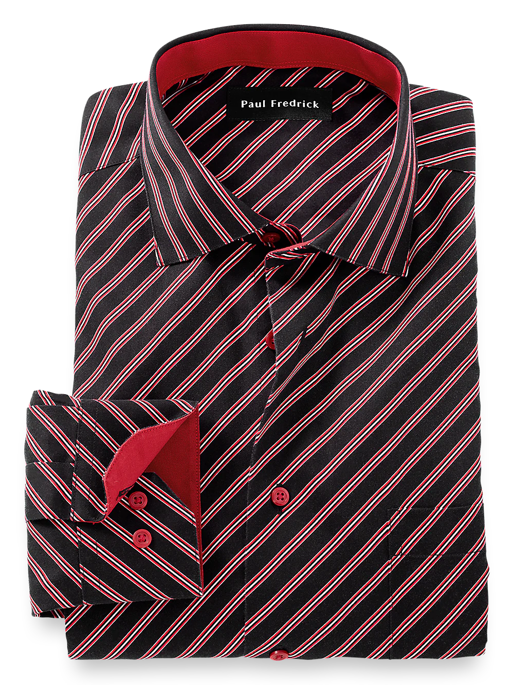 Non-Iron Cotton Stripe Dress Shirt With Contrast Trim - Black/red