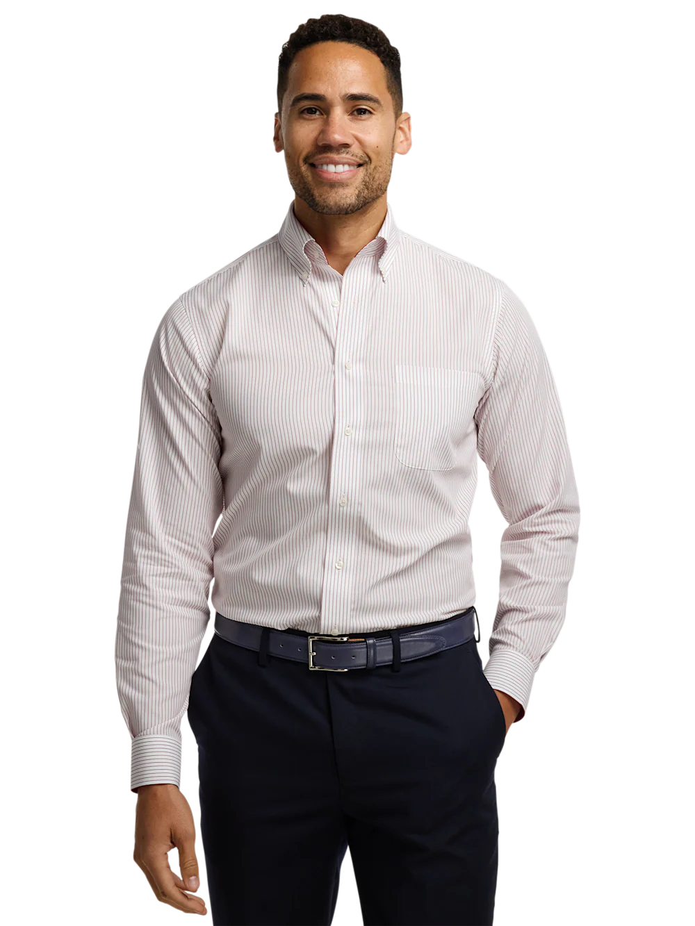 Non-Iron Cotton Stripe Dress Shirt With Contrast Trim - Red - Image 2