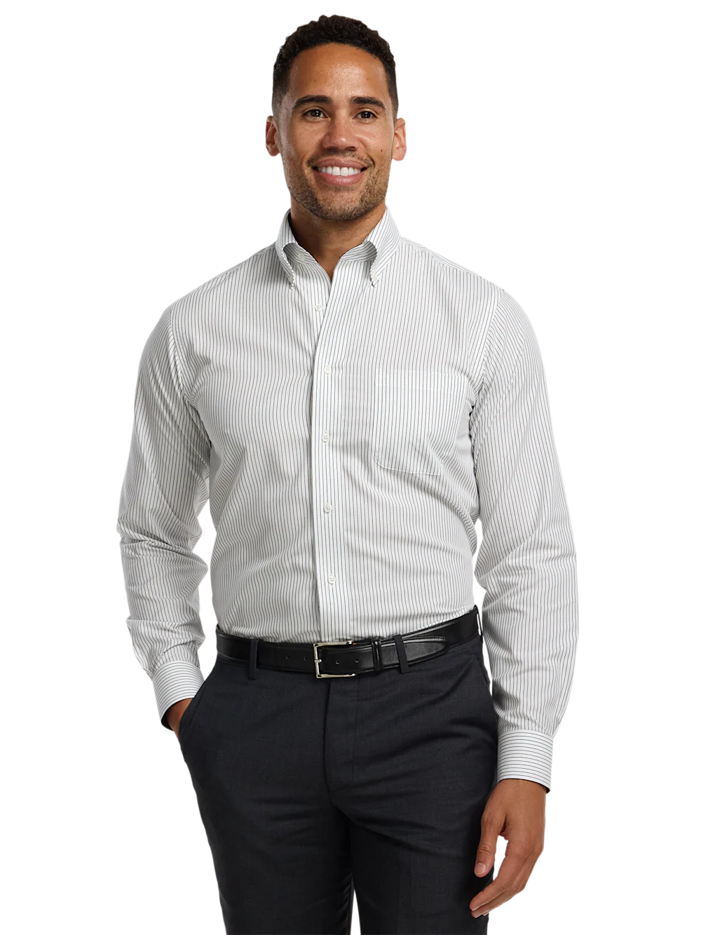 Non-Iron Cotton Stripe Dress Shirt With Contrast Trim - Black - Image 2
