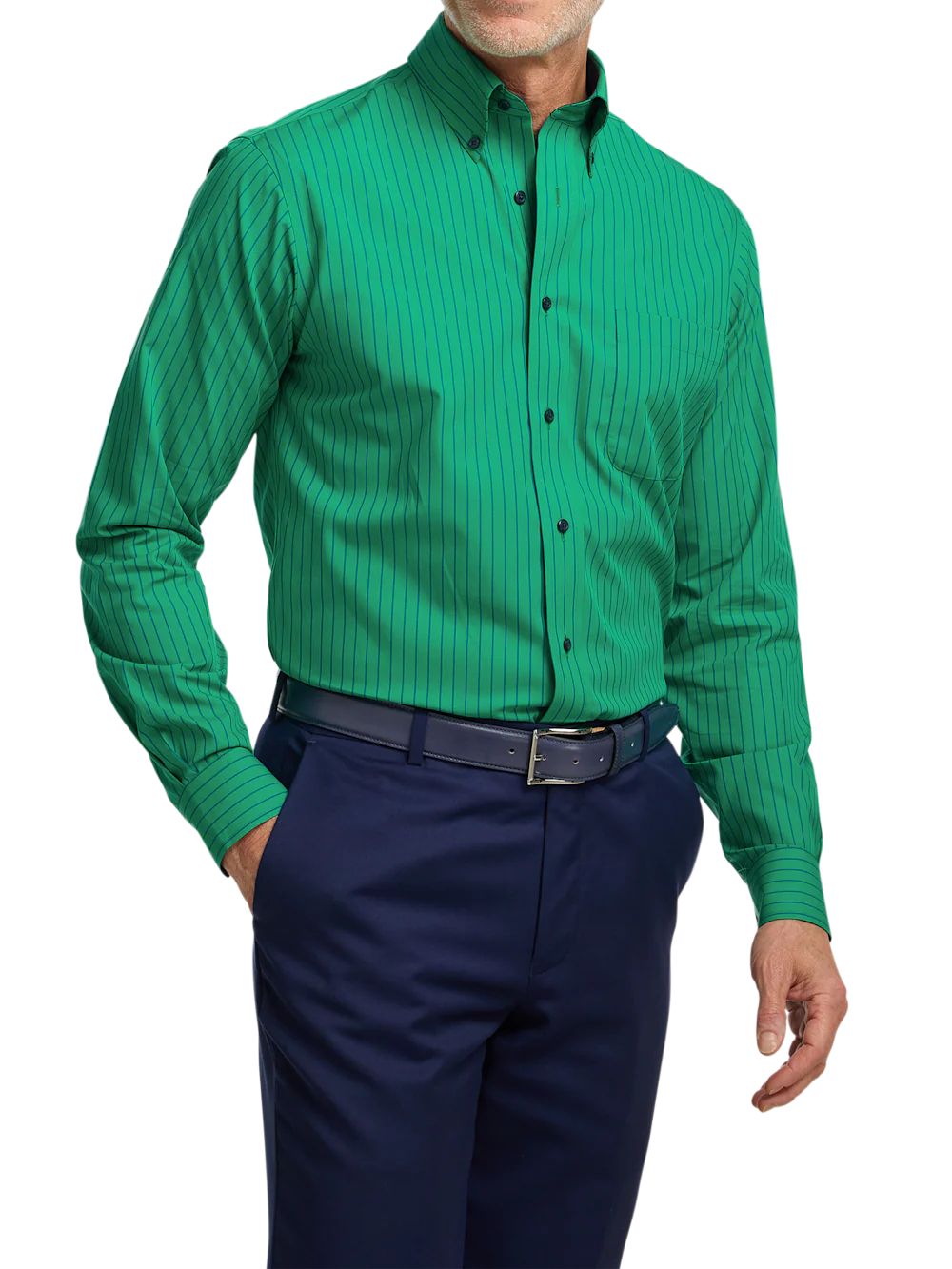Non-Iron Cotton Stripe Dress Shirt With Contrast Trim - Green - Image 2