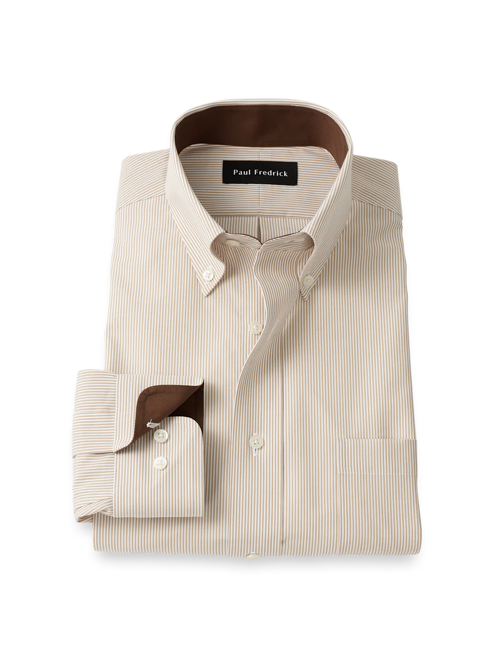 Non-Iron Cotton Stripe Dress Shirt With Contrast Trim - Tan