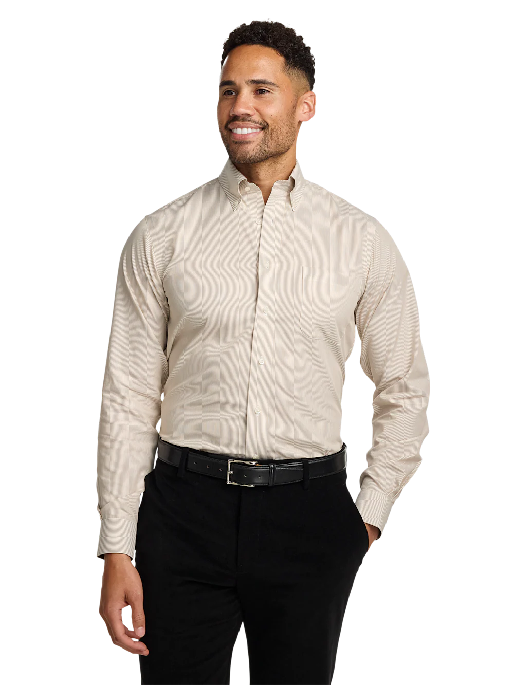 Non-Iron Cotton Stripe Dress Shirt With Contrast Trim - Tan - Image 2