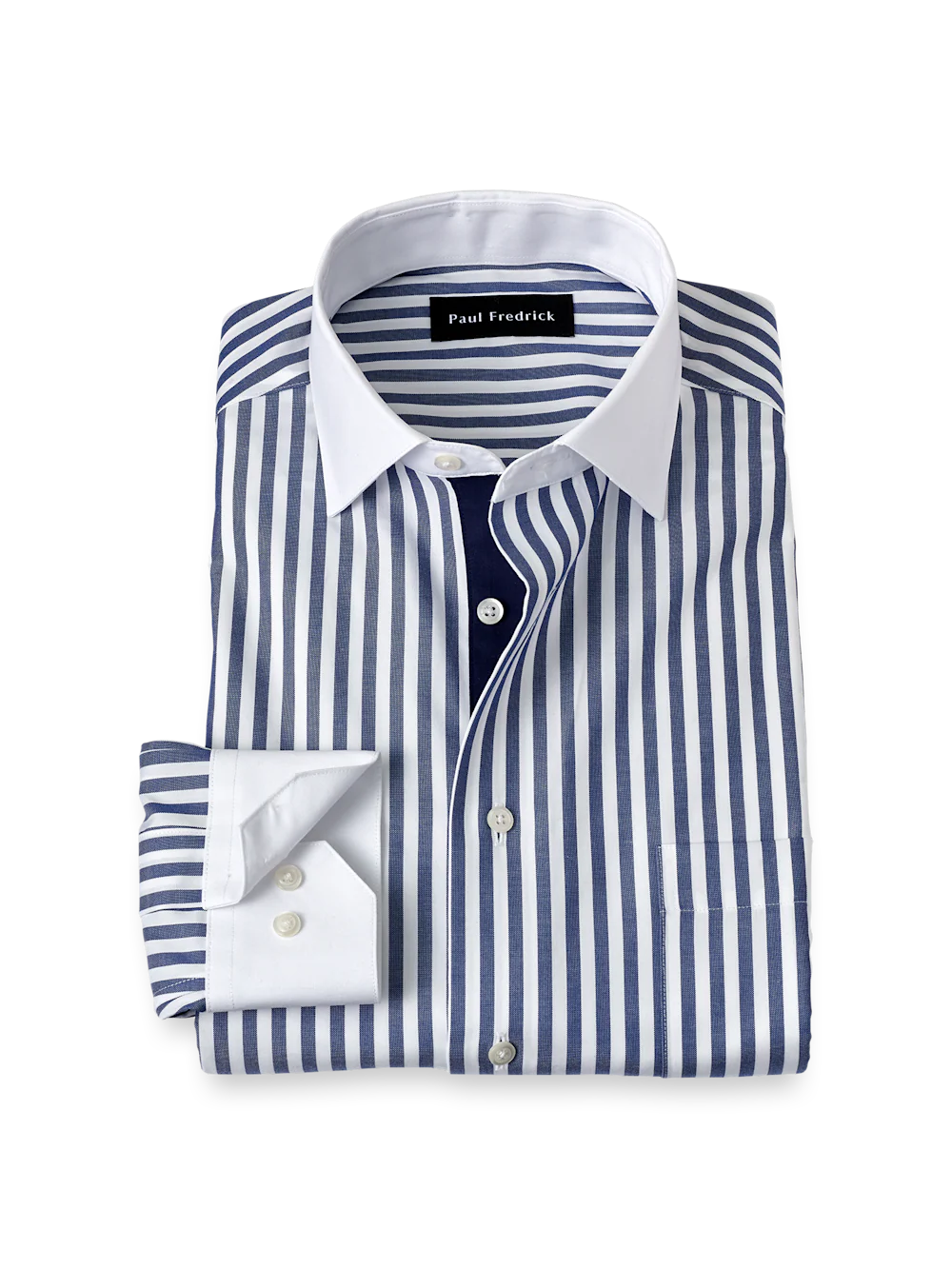 Non-Iron Cotton Stripe Dress Shirt With Contrast Trim - Navy