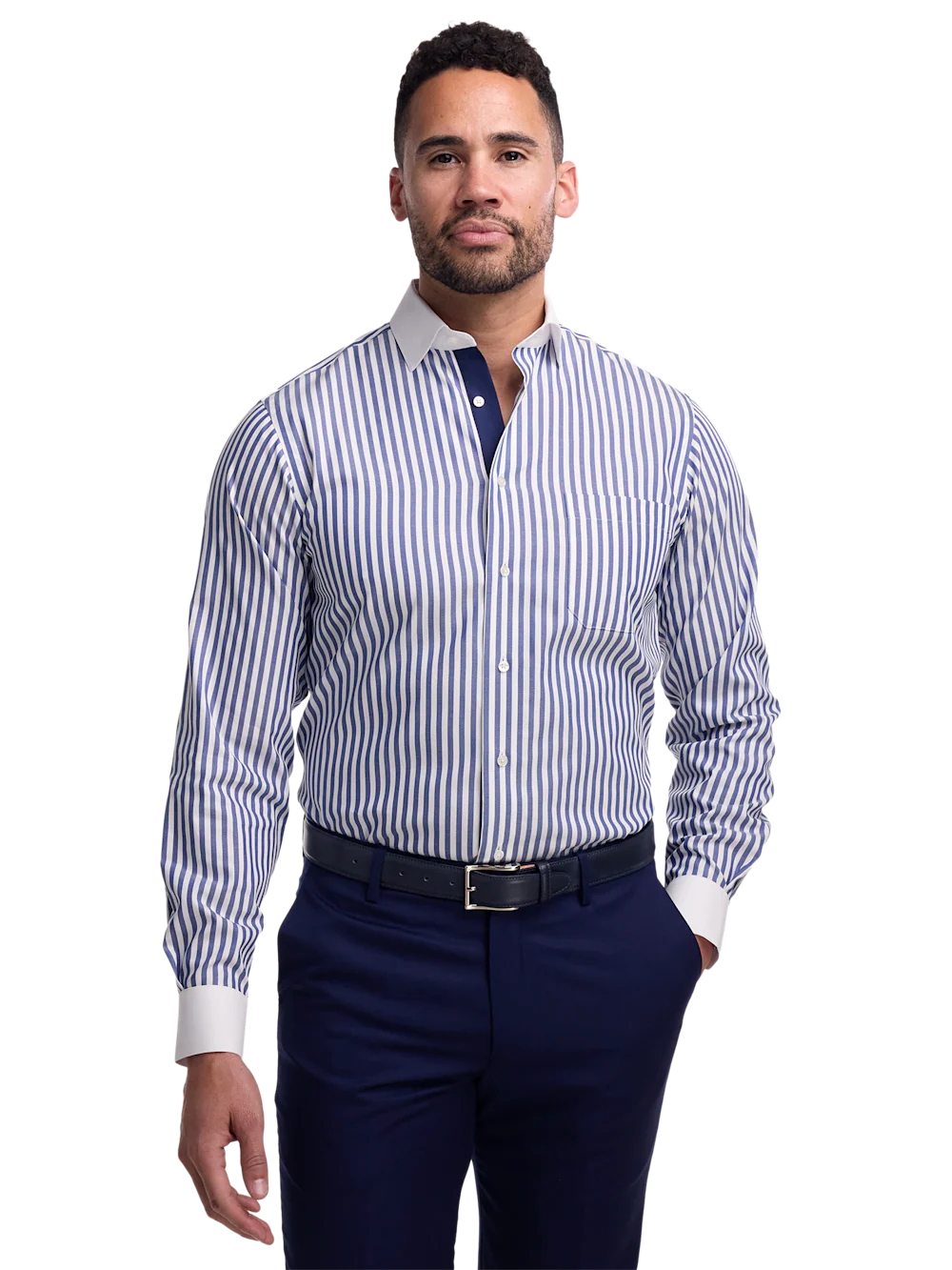 Non-Iron Cotton Stripe Dress Shirt With Contrast Trim - Navy - Image 2
