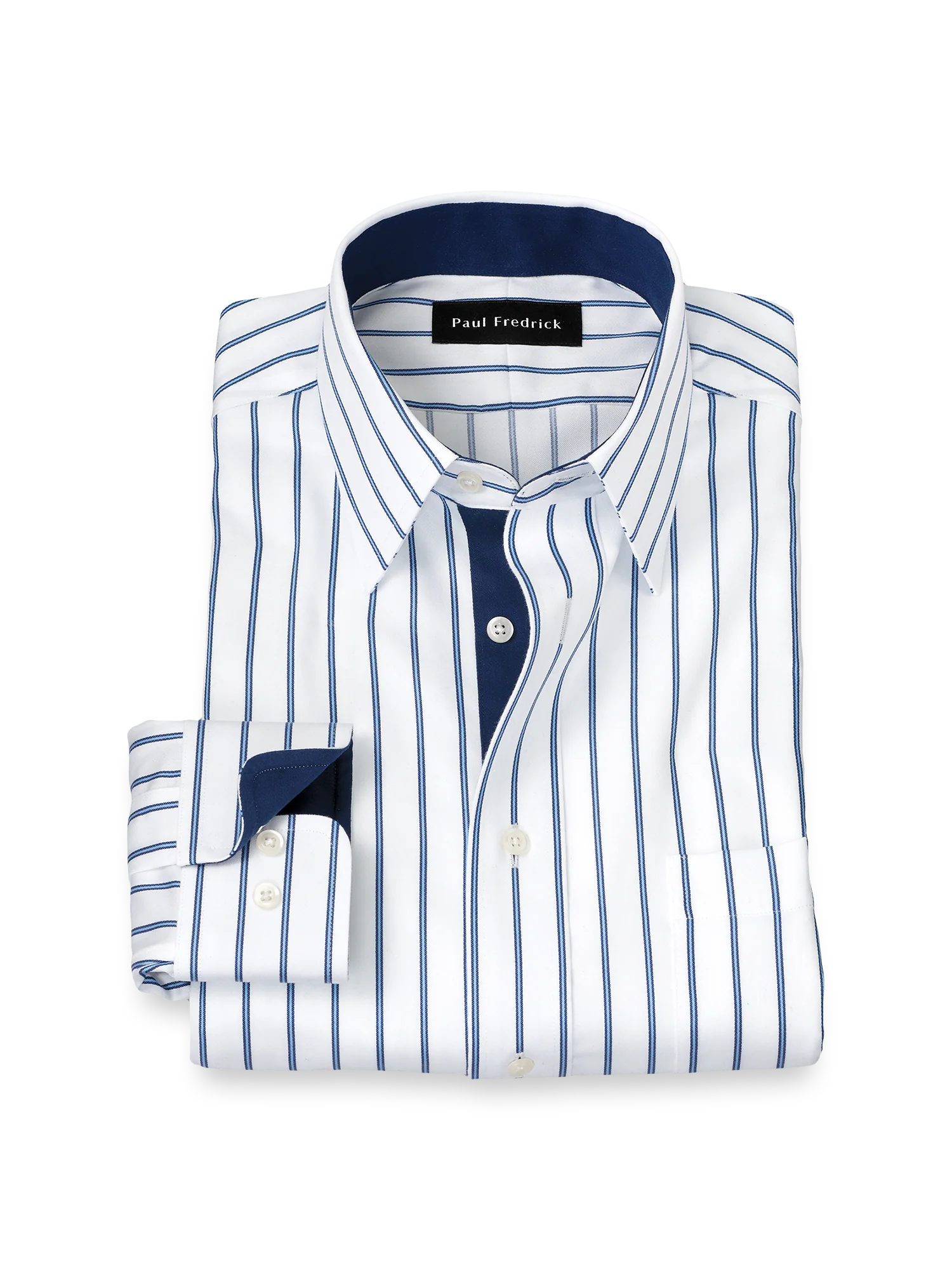 Non-Iron Cotton Stripe Dress Shirt With Contrast Trim - White/blue
