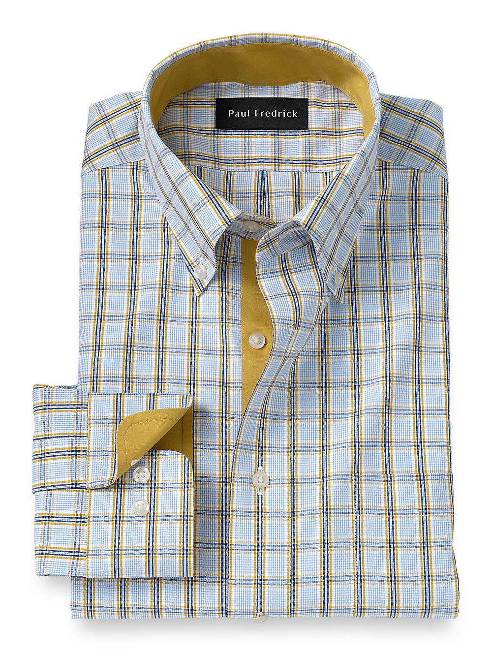 Non-Iron Cotton Windowpane Dress Shirt With Contrast Trim - Blue/yellow