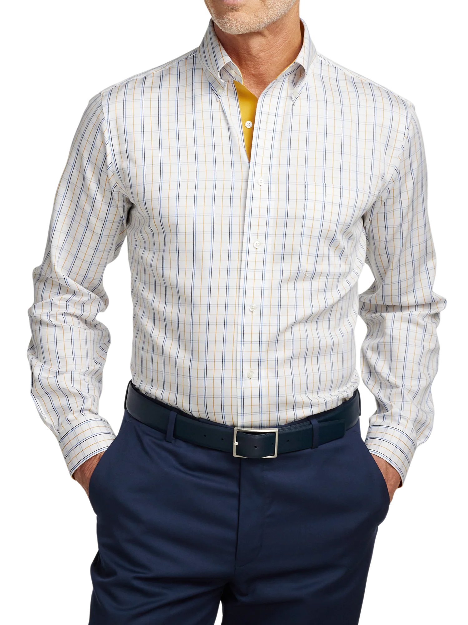 Non-Iron Cotton Windowpane Dress Shirt With Contrast Trim - White/gold - Image 2
