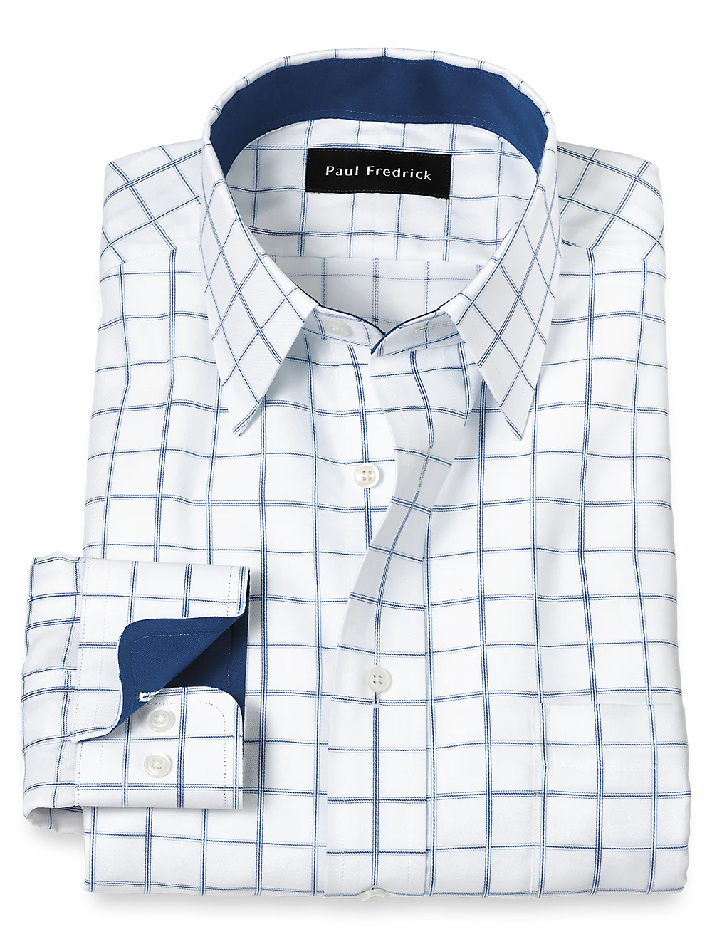 Non-Iron Cotton Windowpane Dress Shirt With Contrast Trim - White/blue