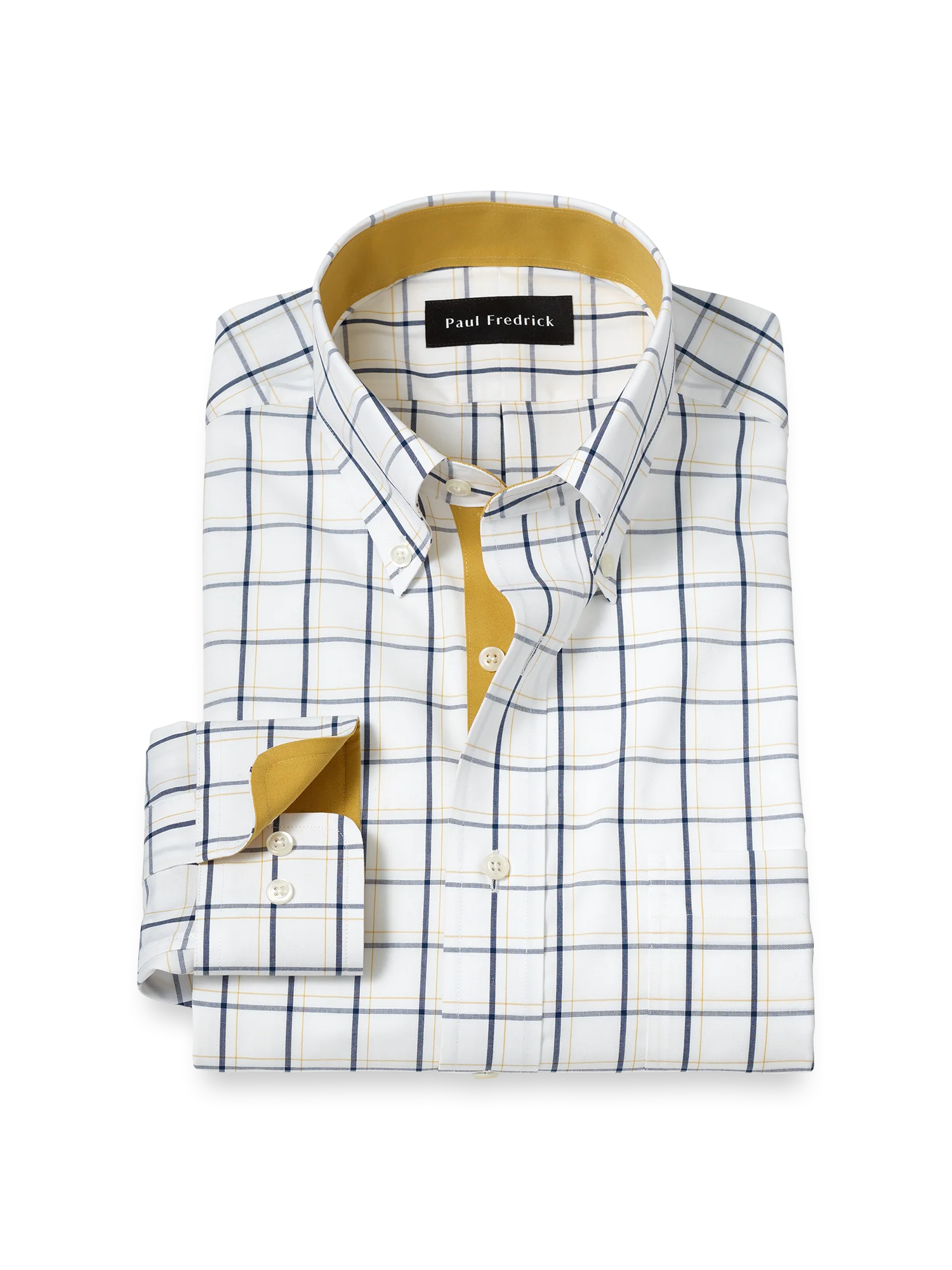 Non-Iron Cotton Windowpane Dress Shirt With Contrast Trim - Navy/gold