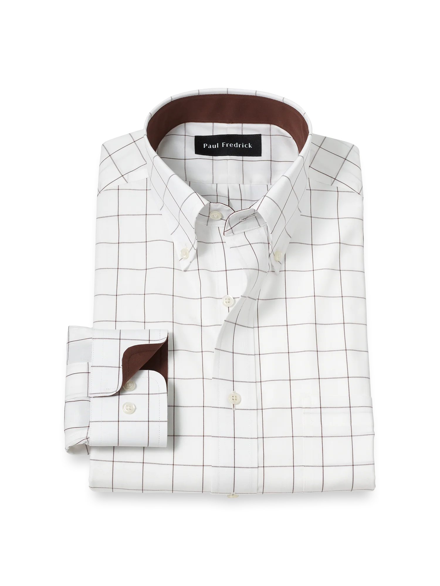 Non-Iron Cotton Windowpane Dress Shirt With Contrast Trim - Brown
