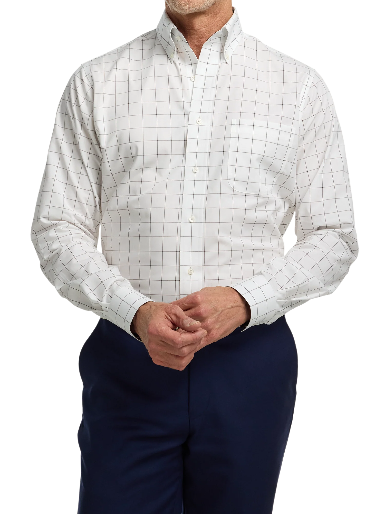 Non-Iron Cotton Windowpane Dress Shirt With Contrast Trim - Brown - Image 2