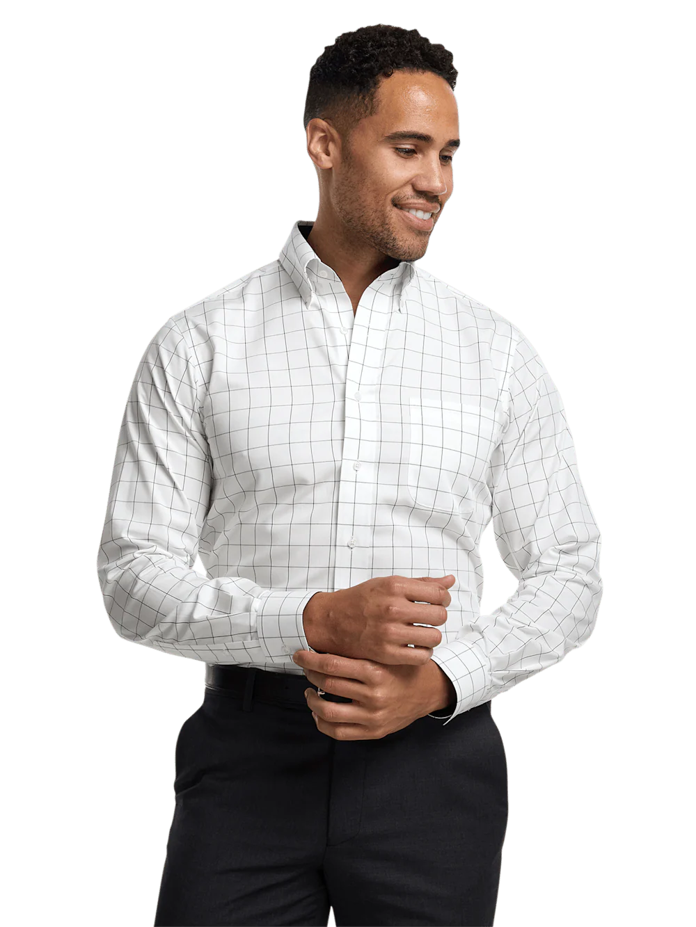 Non-Iron Cotton Windowpane Dress Shirt With Contrast Trim - Black - Image 2