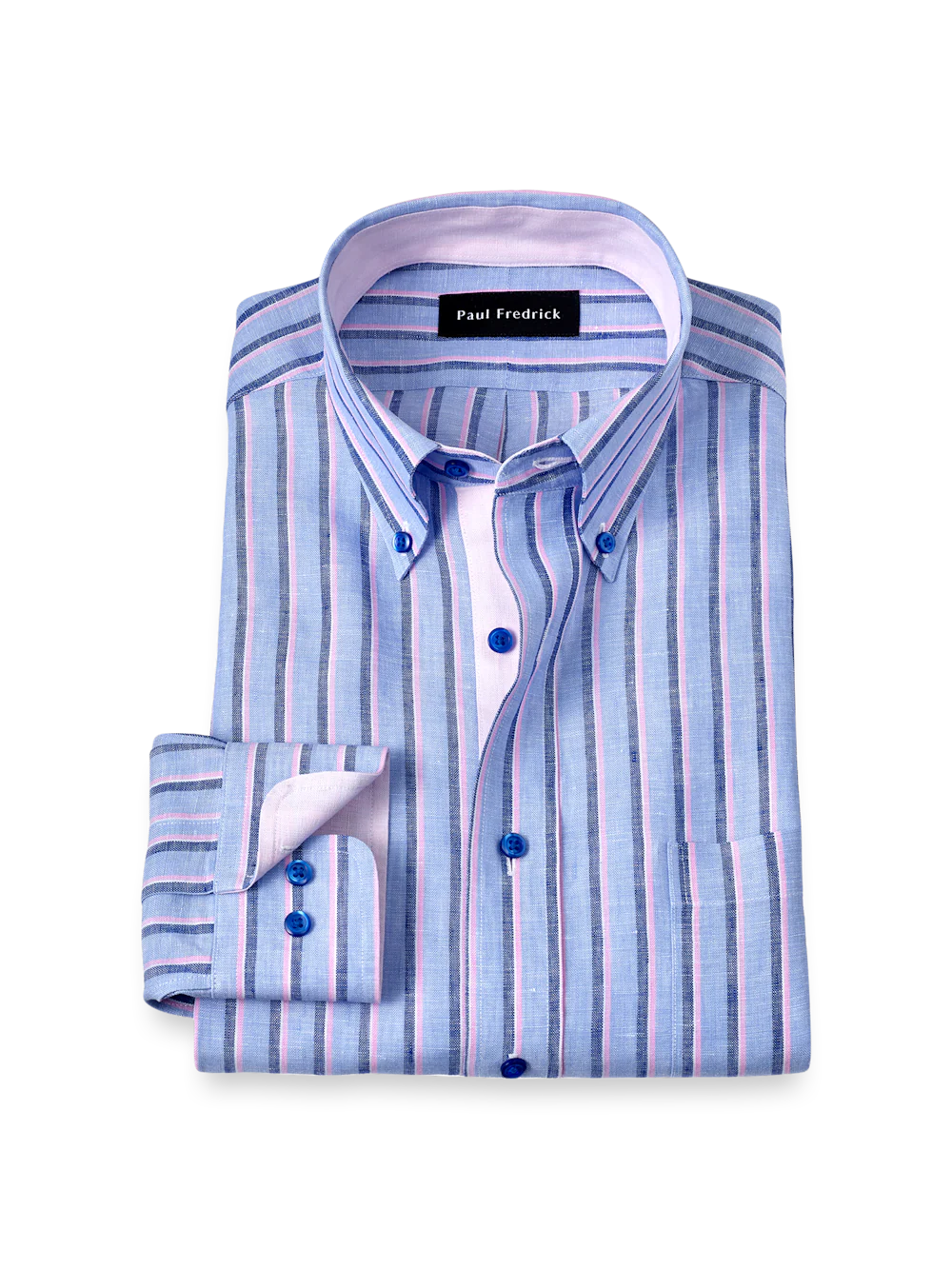 Non-Iron Linen Stripe Dress Shirt With Contrast Trim - Blue/pink