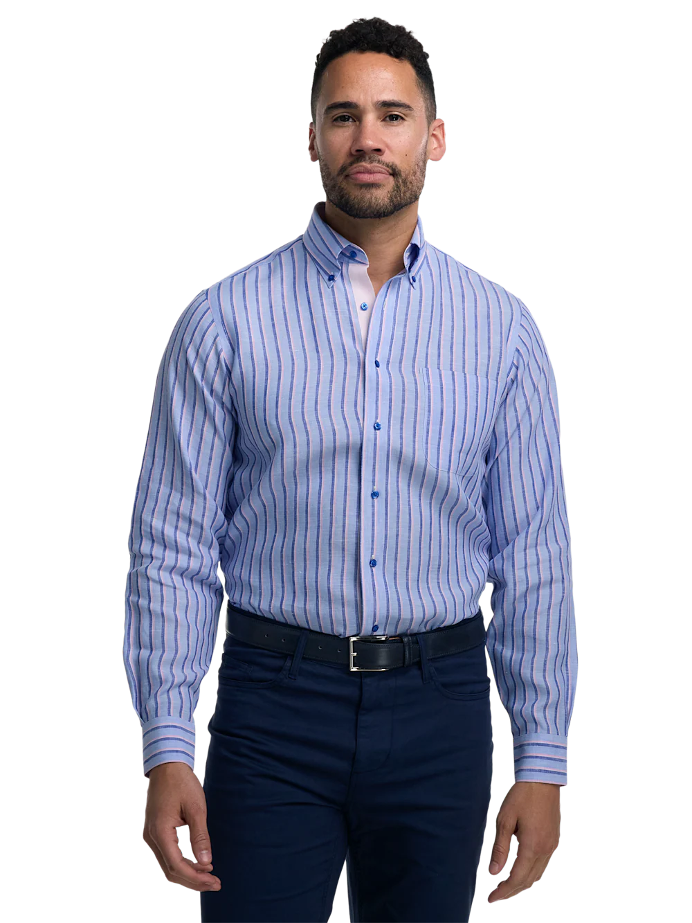 Non-Iron Linen Stripe Dress Shirt With Contrast Trim - Blue/pink - Image 2