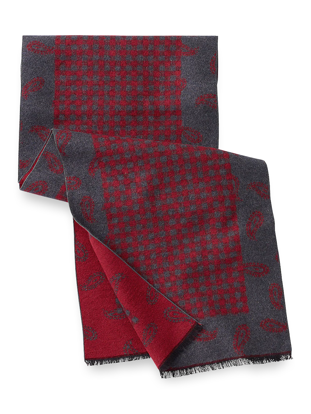 Paisley Check Brushed Silk Scarf - Red/grey