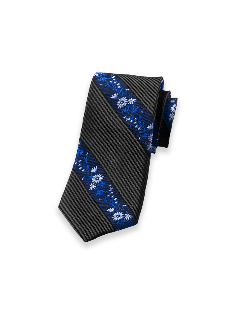 Stripe/Floral Woven Silk Tie - Black/blue