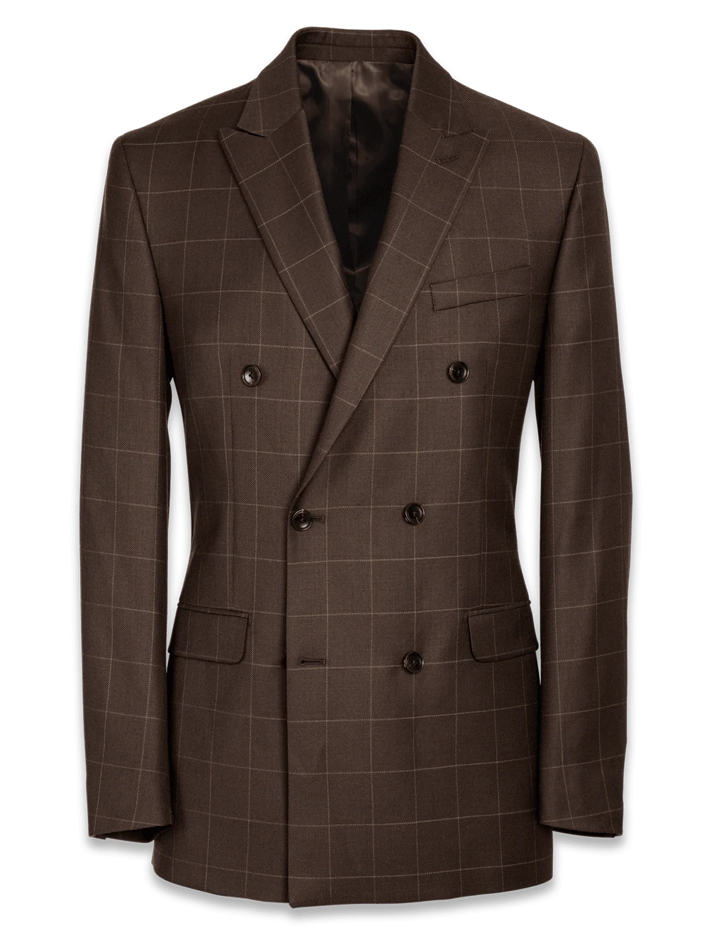 Tailored Fit Essential Wool Double Breasted Peak Lapel Suit Jacket - Brown Windowpane