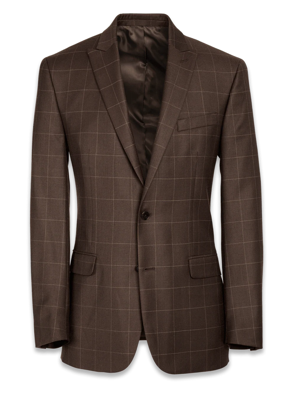 Tailored Fit Essential Wool Peak Lapel Suit Jacket - Brown Windowpane