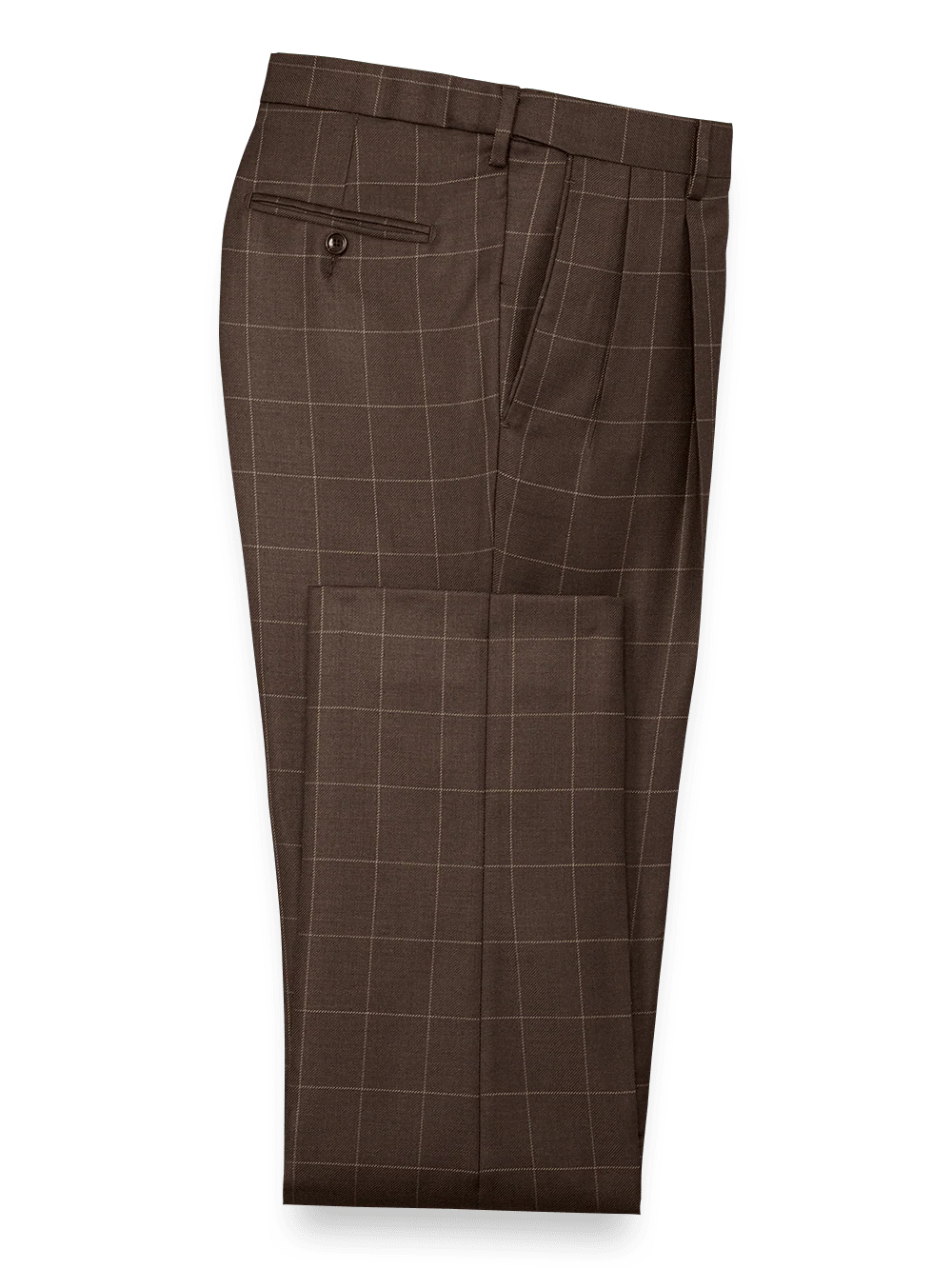 Tailored Fit Essential Wool Pleated Pants - Brown Windowpane