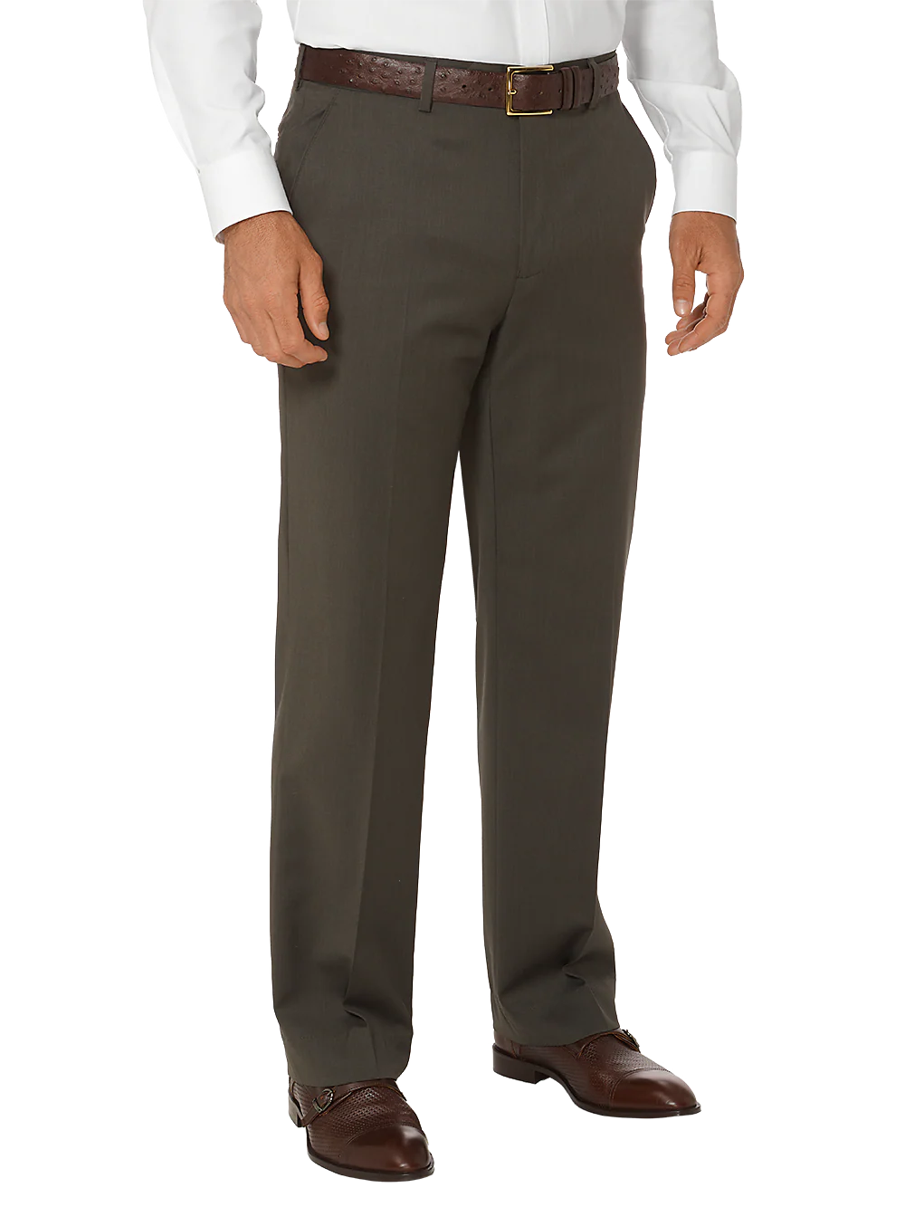 Tailored Fit Wool Gabardine Flat Front Pant - Olive