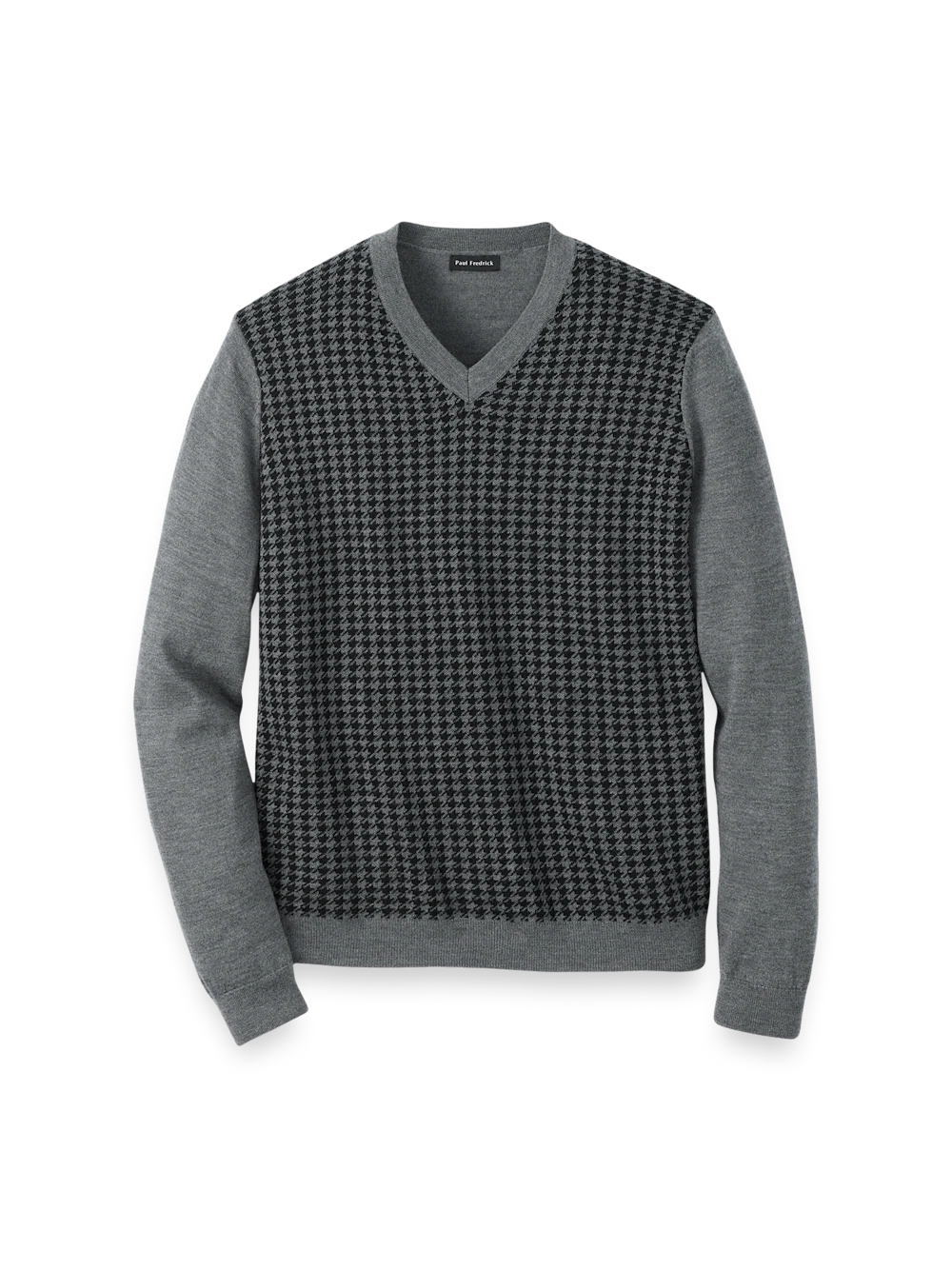 Washable Merino Wool Houndstooth V-neck Sweater - Black/grey