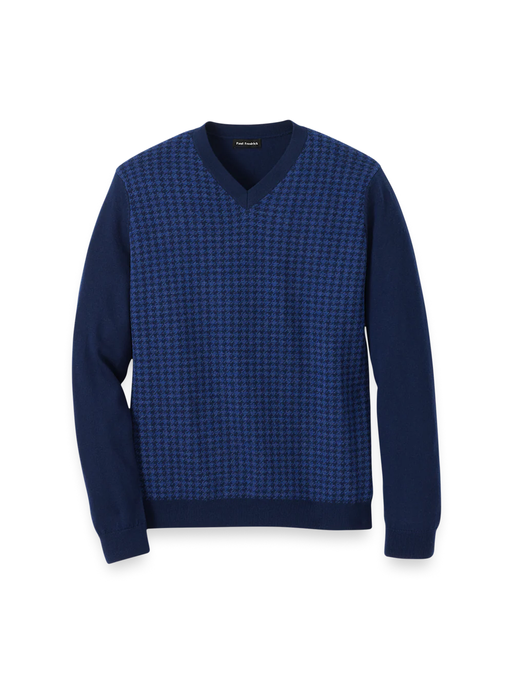 Washable Merino Wool Houndstooth V-neck Sweater - Blue