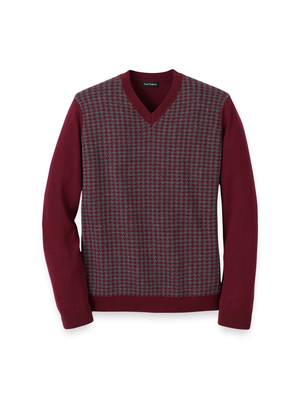 Washable Merino Wool Houndstooth V-neck Sweater - Burgundy
