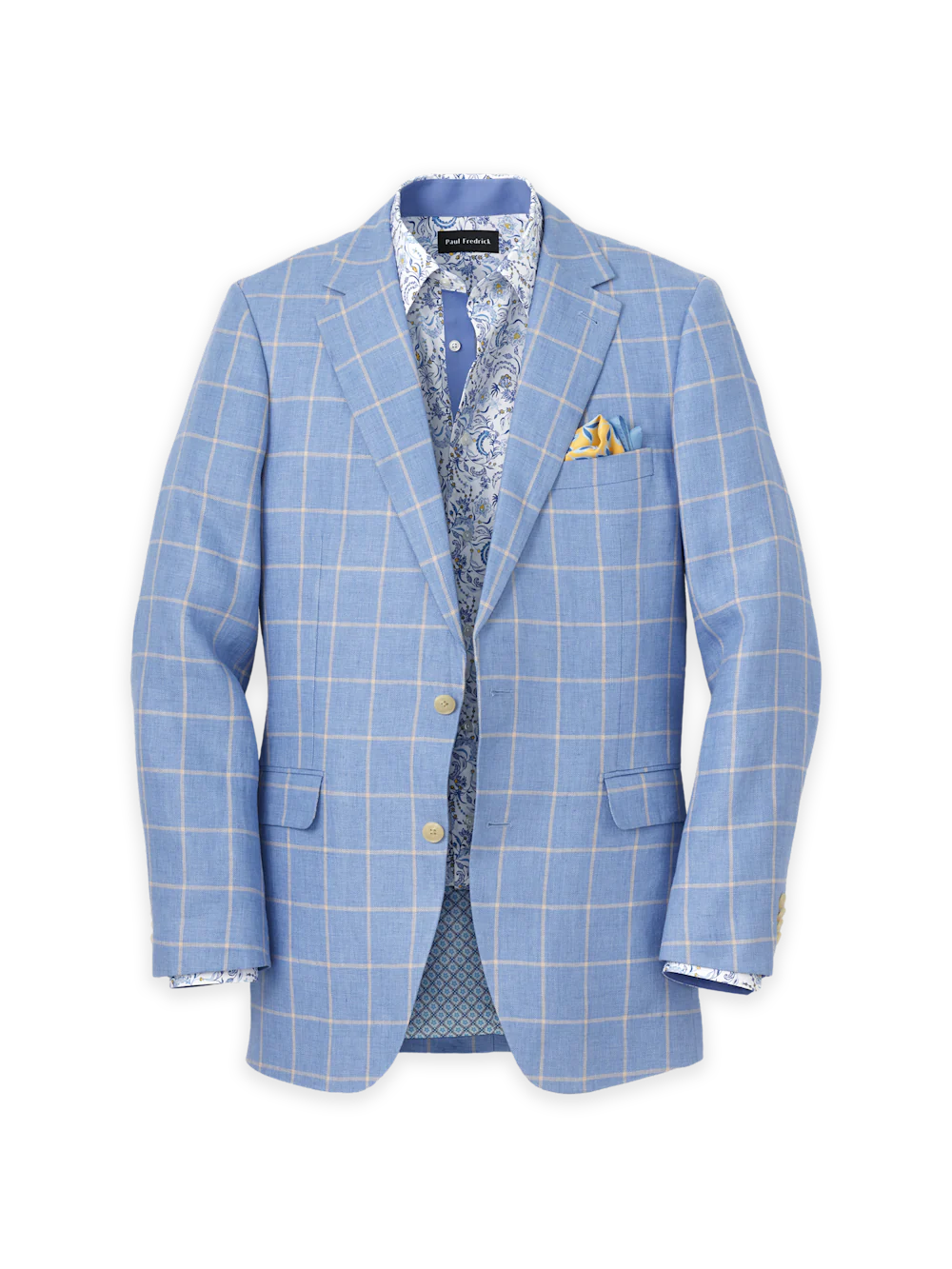 Windowpane Linen Single Breasted Notch Lapel Sport Coat - Blue/yellow
