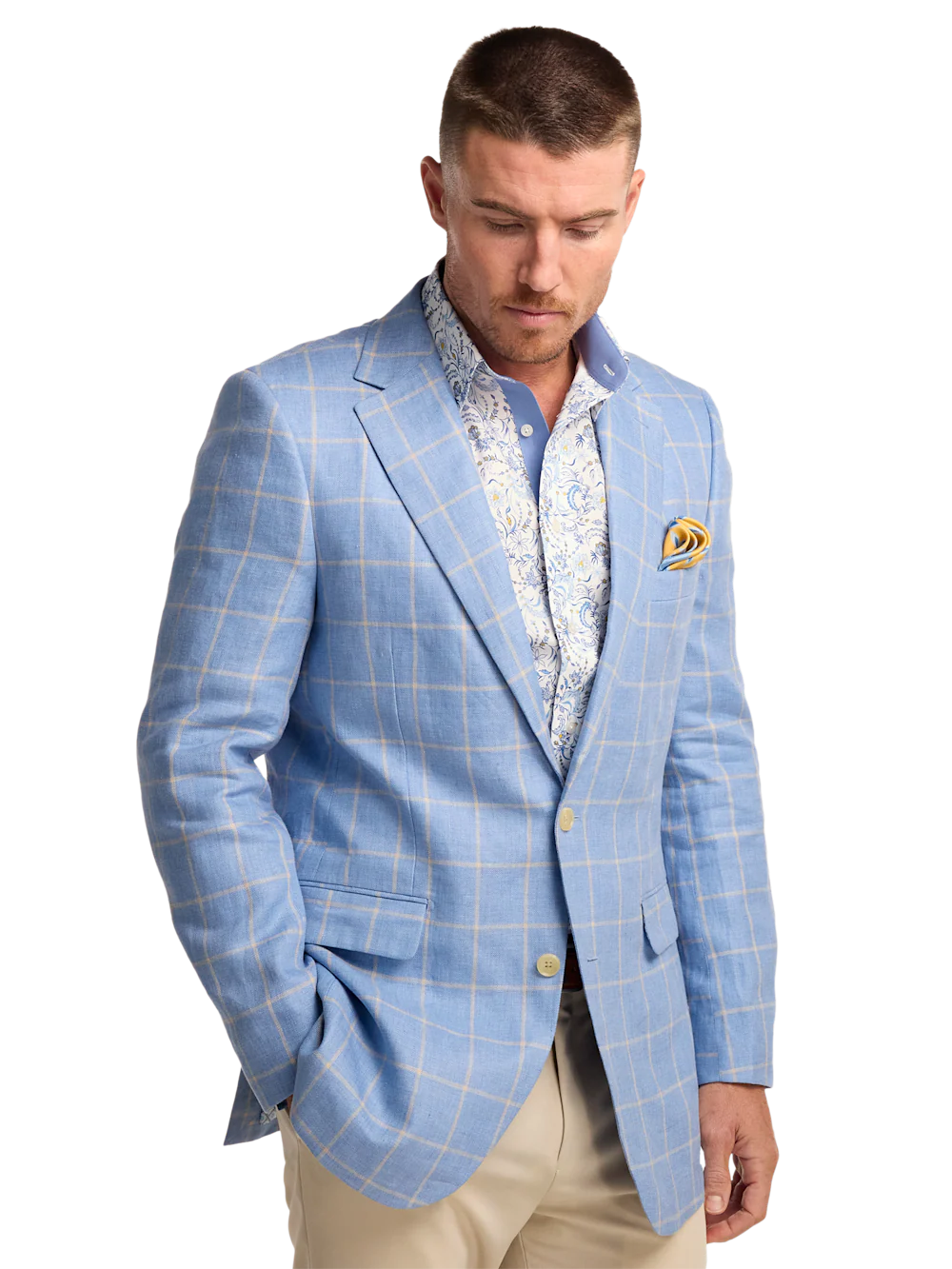 Windowpane Linen Single Breasted Notch Lapel Sport Coat - Blue/yellow - Image 2