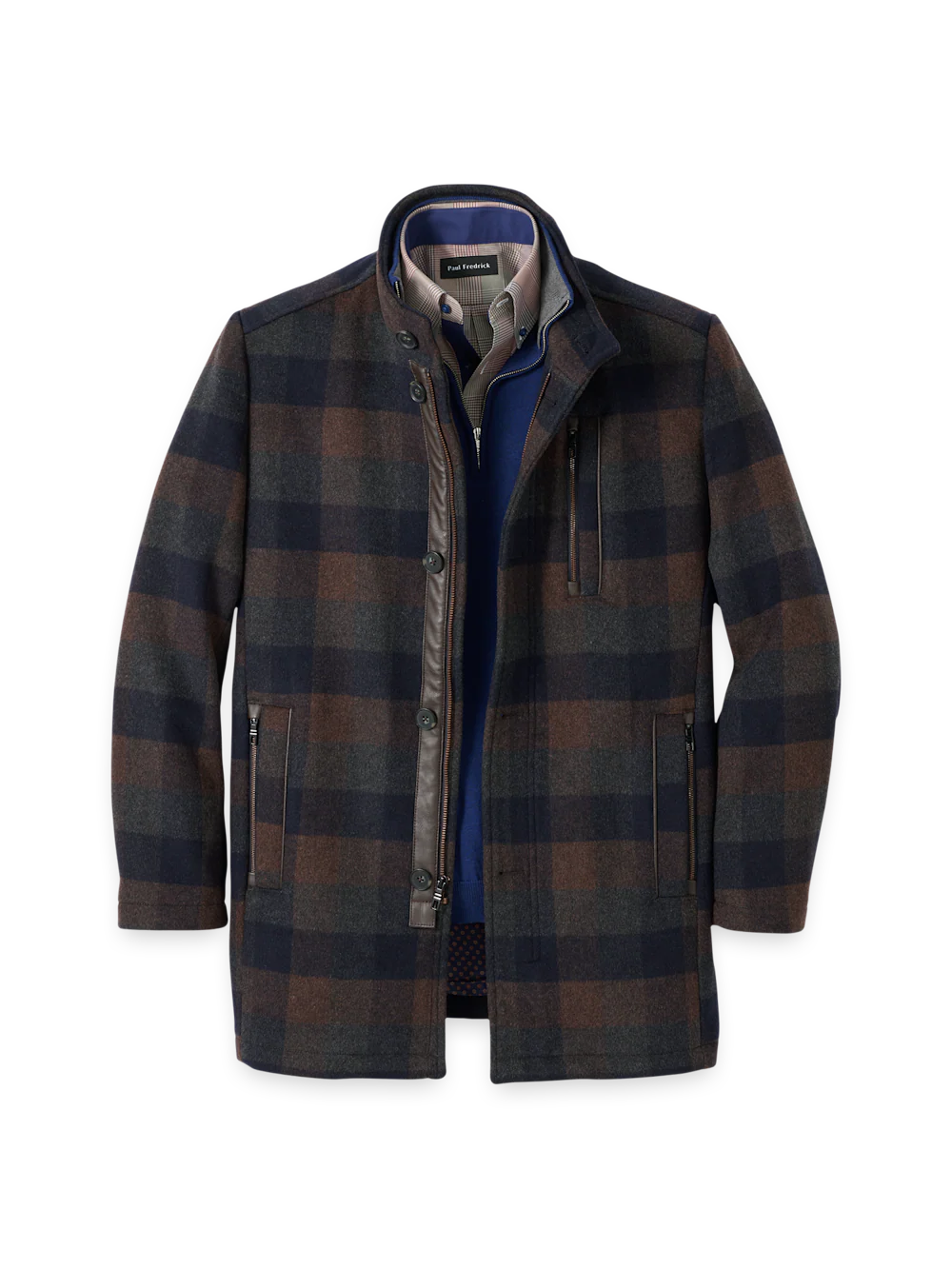 Wool Blend Buffalo Plaid Car Coat - Navy/brown