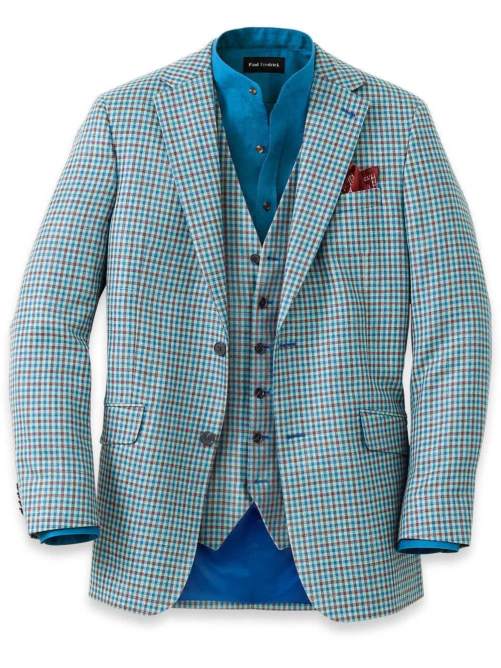 Wool Blend Check Notch Lapel Sport Coat - Blue/burgundy