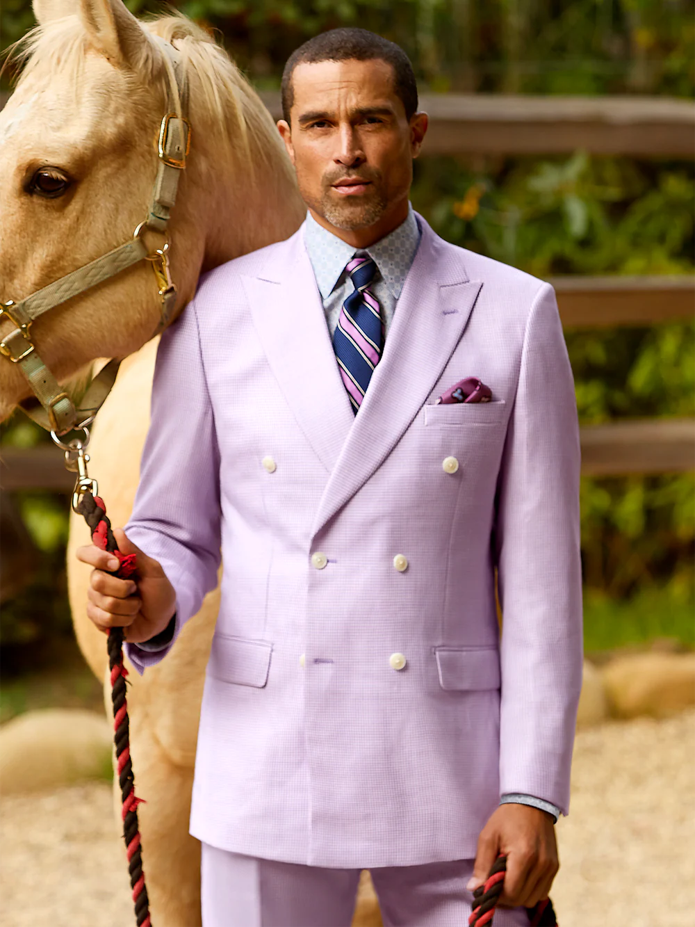Wool Blend Houndstooth Double Breasted Peak Lapel Suit Jacket - Purple - Image 8