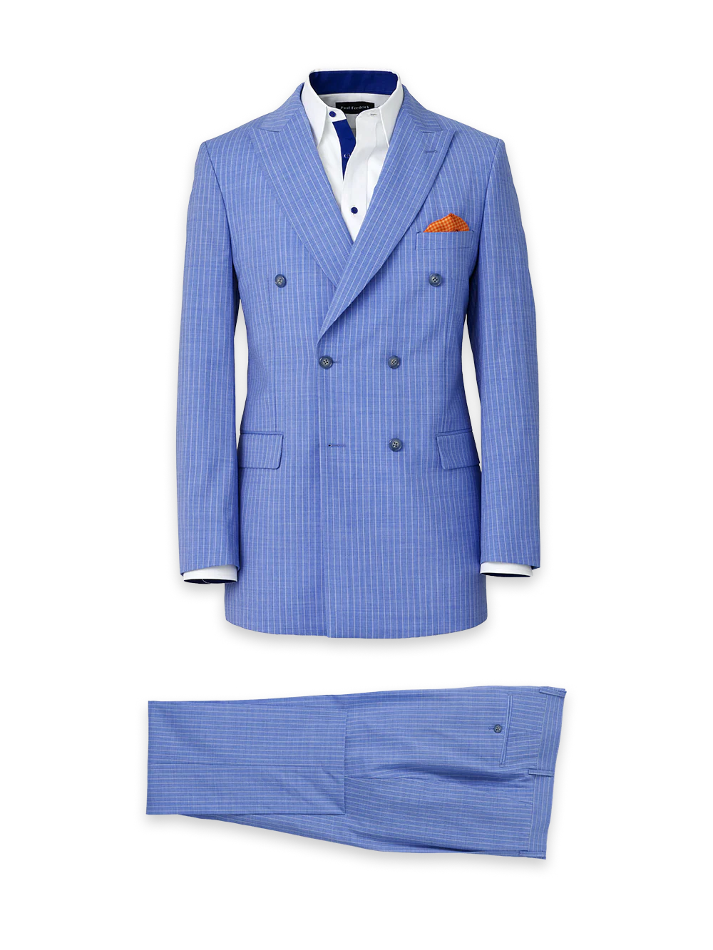 Wool Blend Pinstripe Double Breasted Peak Lapel Suit - Blue