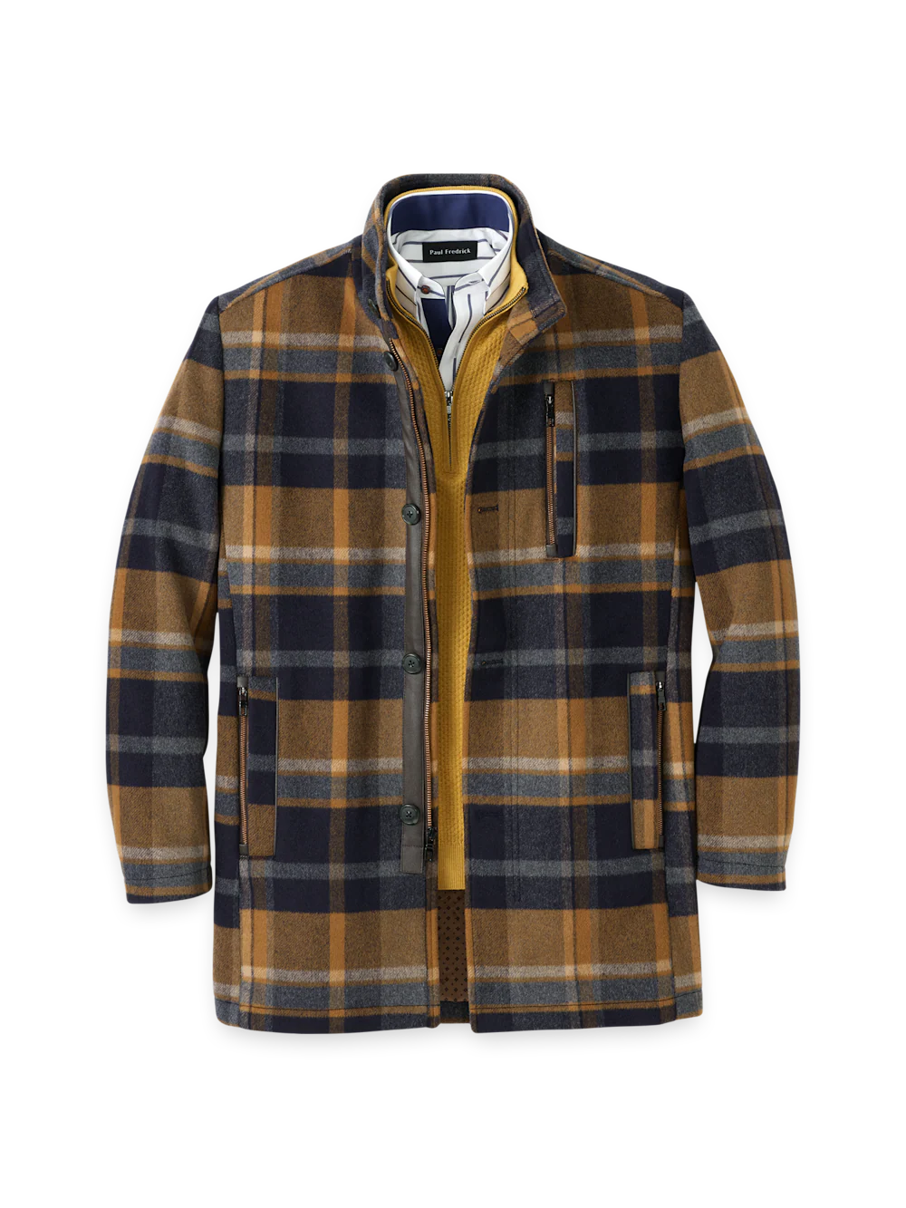 Wool Blend Plaid Carcoat - Tan/blue