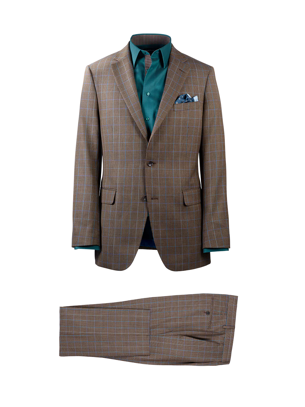 Wool Blend Plaid Single Breasted Notch Lapel Suit - Brown/blue