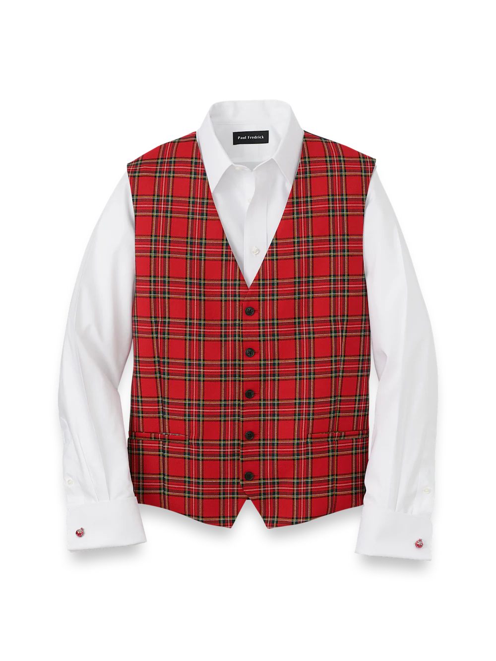 Wool Blend Tartan Plaid No Lapel 5 Button Vest - Red Multi