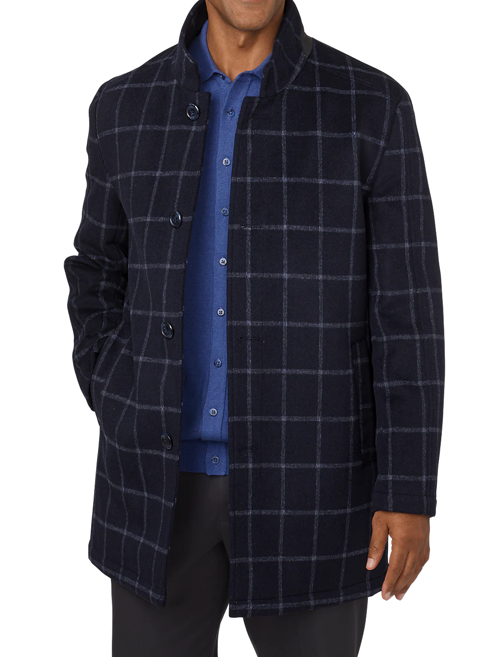 Wool Blend Windowpane Car Coat - Navy/white