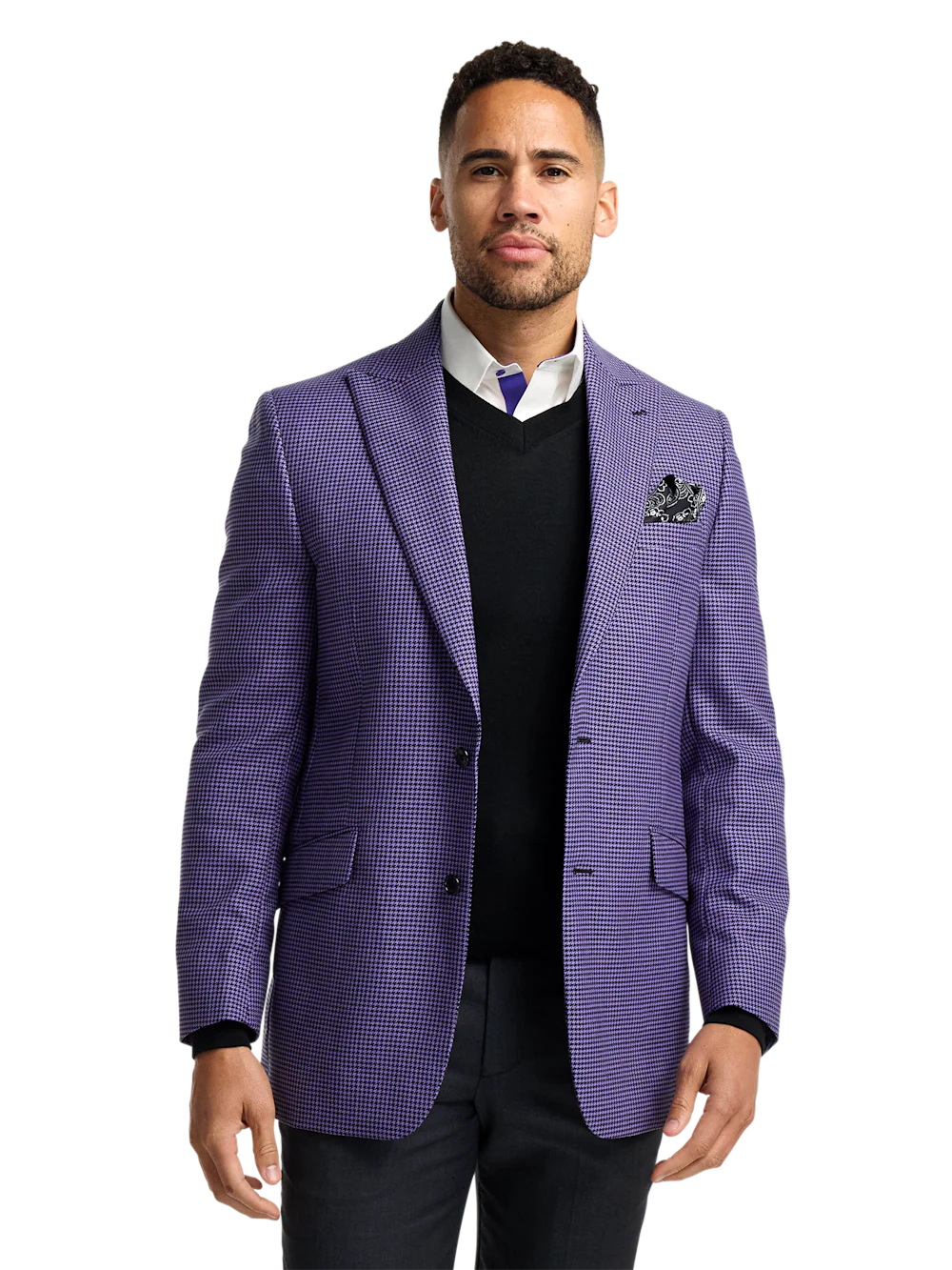 Wool Houndstooth Single Breasted Peak Lapel Sport Coat - Purple - Image 2