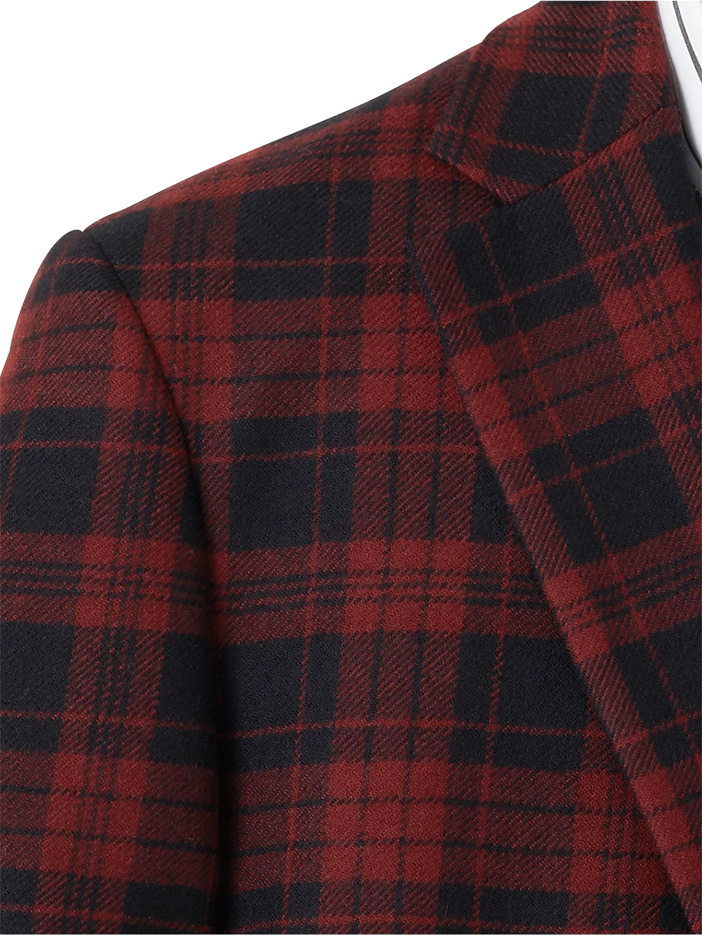 Wool Plaid Single Breasted Notch Lapel Sport Coat - Black/red - Image 3