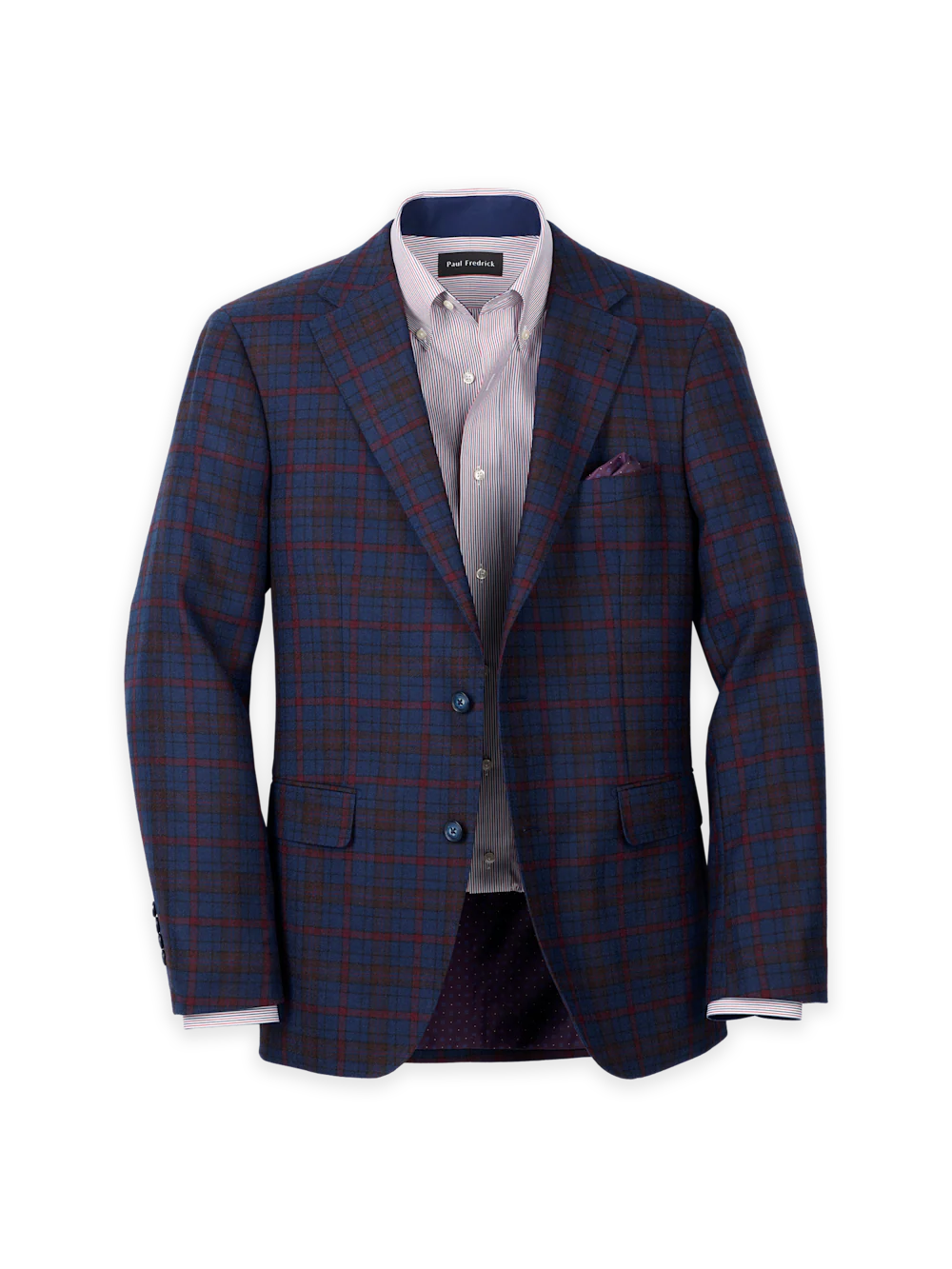 Wool Plaid Single Breasted Notch Lapel Sport Coat - Blue/burgundy