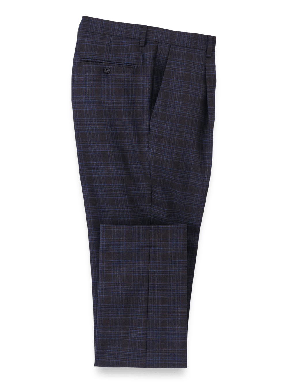 Wool Stretch Plaid Single Pleat Suit Pants - Brown/navy
