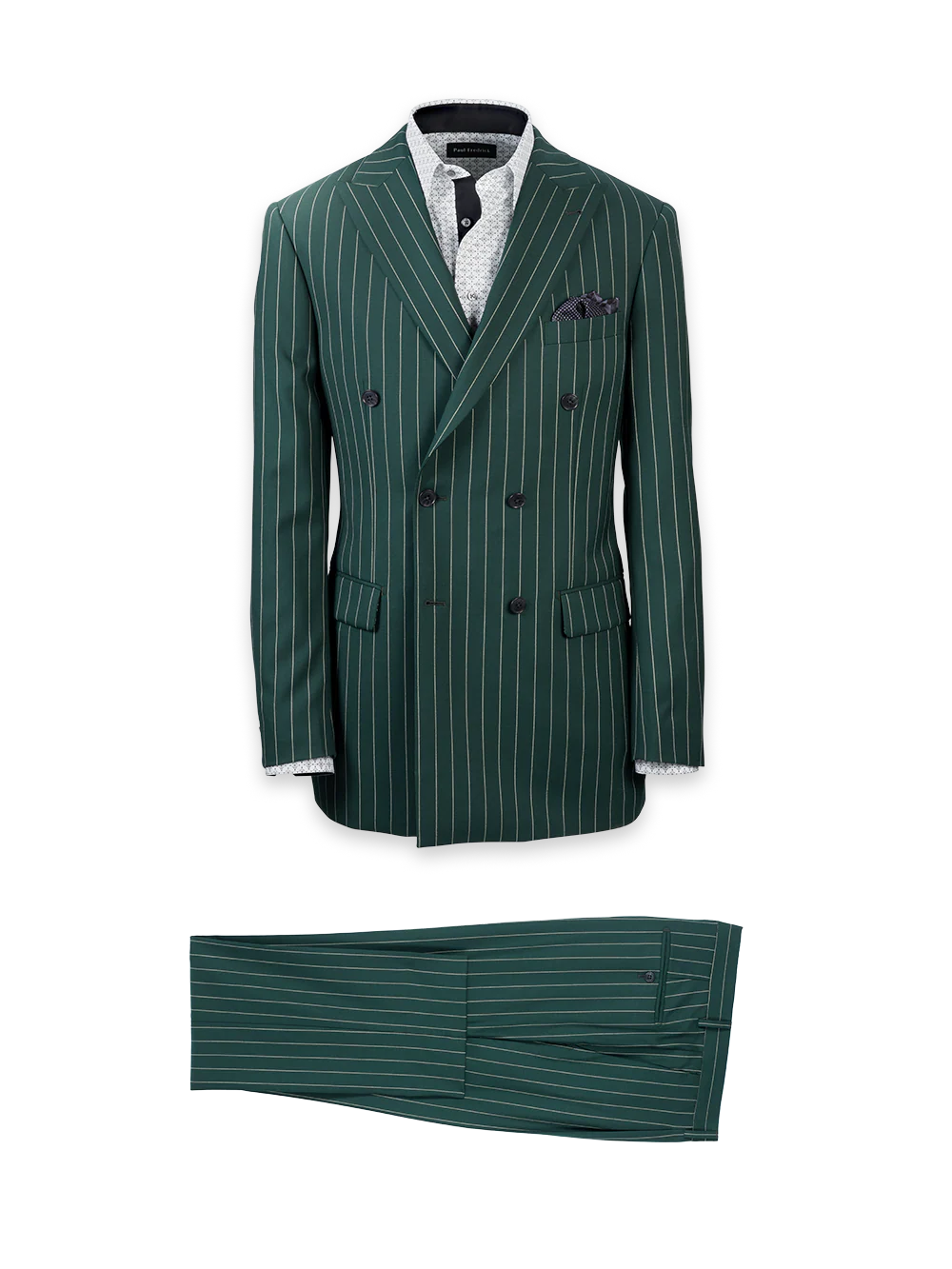 Wool Stretch Stripe Double Breasted Peak Lapel Suit - Dark Green