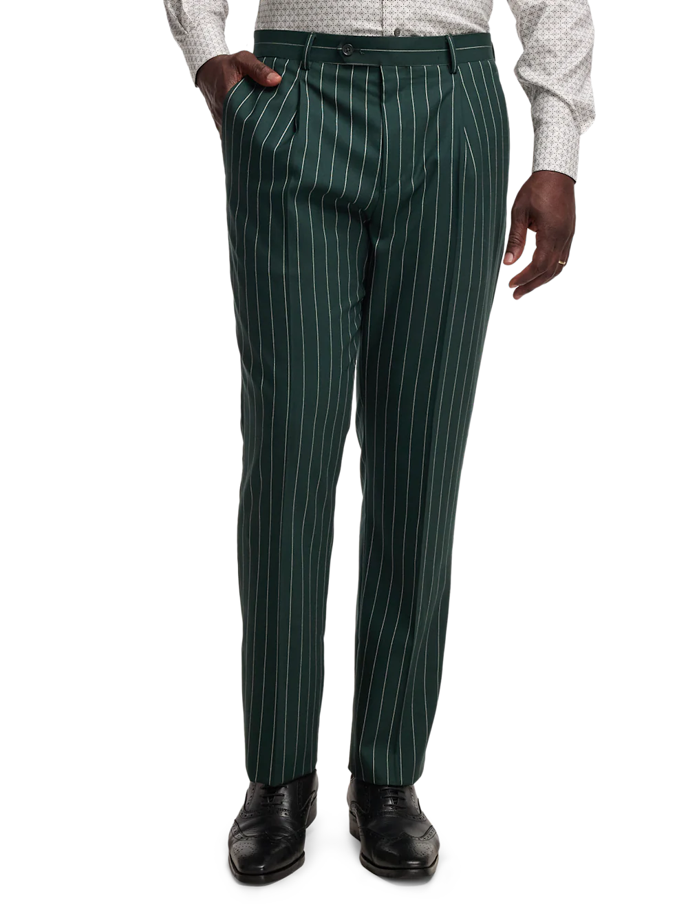 Wool Stretch Stripe Single Pleat Suit Pants - Dark Green - Image 2