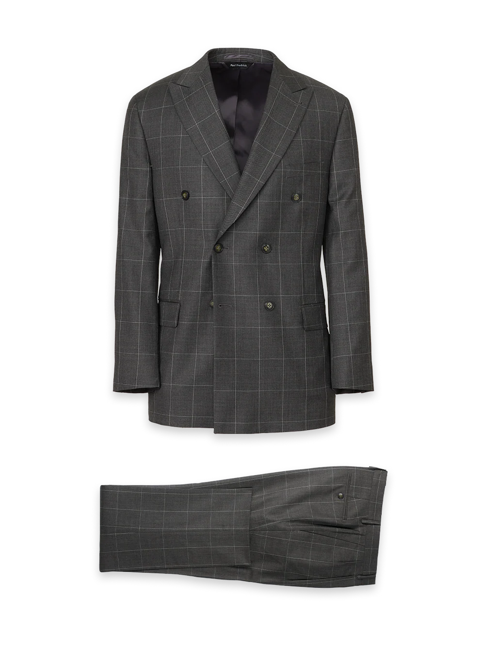 Wool Windowpane Double Breasted Peak Lapel Suit - Charcoal